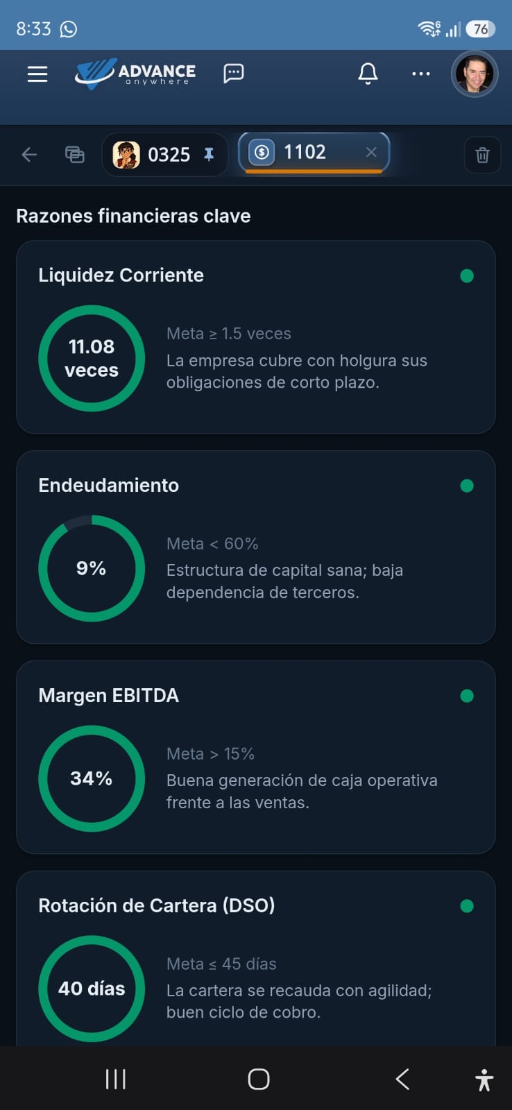 Advance Anywhere en celular: razones financieras clave con indicadores de liquidez y margen