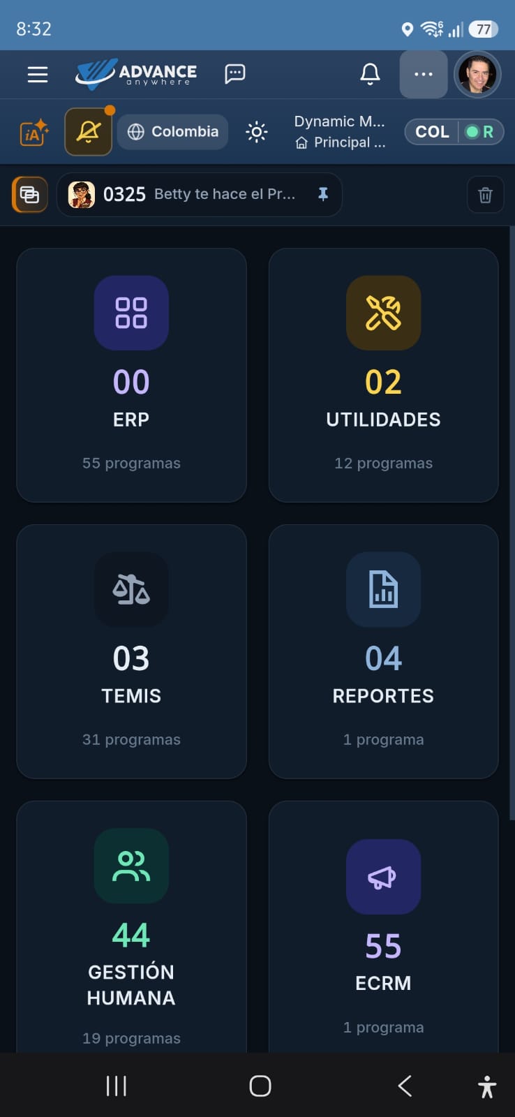 Advance Anywhere en tablet: menú de módulos ERP, utilidades, reportes y gestión humana